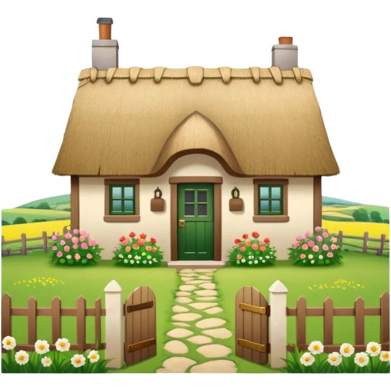 A countryside cottage with a thatched roof, wooden door, flowers around the house, green fields, peaceful rural scenery, natural lighting, detailed and realistic emoji