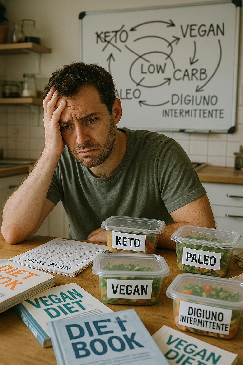 Confused man in his 30s sitting at a kitchen table cluttered with various diet books, meal plans, and food containers labeled keto, vegan, paleo, DIGIUNO INTERMITTENTE. He holds his head with one hand, looking overwhelmed and frustrated. The background shows a whiteboard full of crossed-out diet names and arrows going in circles. Expression: mental fatigue, indecision, information overload. Soft lighting, slight mess to emphasize his struggle. emoji