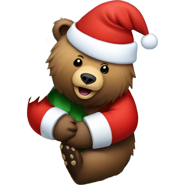 grizzly bear with a santa hat climbing a christmas tree emoji