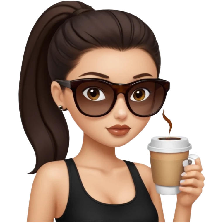 generate a pretty fair bratz girl with dark brown eyes, dark brown eyes tied into a slick back ponytail, thin brown sunglasses. Wearing a black cami top and drinking coffee, high cheekbones emoji