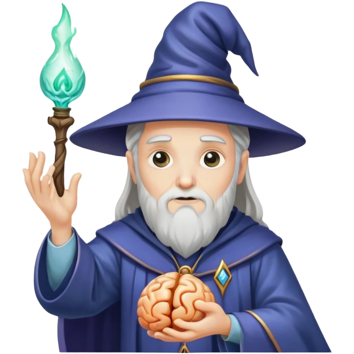 wizard casting a spell at a brain emoji