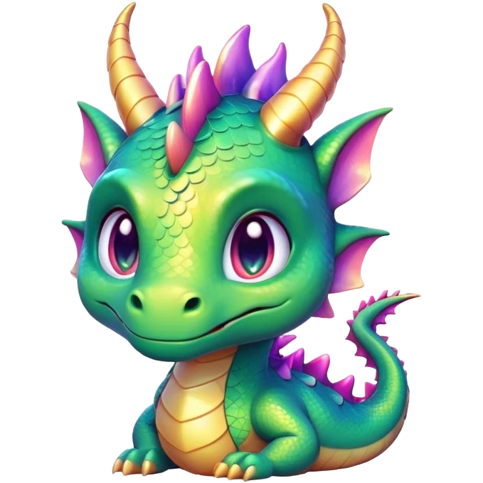 Cinematic Cute Dragon Portrait Emoji, Head tilted playfully and inquisitively, with a sleek, serpentine body adorned in iridescent scales and a charming, expressive face featuring subtle, delicate horns, round, sparkling eyes brimming with curious magic, Simplified yet irresistibly adorable features, highly detailed, glowing with a warm, enchanting glow, high shine, affectionate and mystical, stylized with a touch of whimsical fantasy, soft glowing outline, capturing the essence of a mischievous yet loving dragon that feels like it could slither out of the screen into your arms! emoji