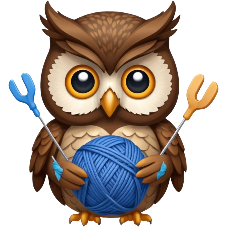 Owl holding blue yarn ball and knitting needles emoji