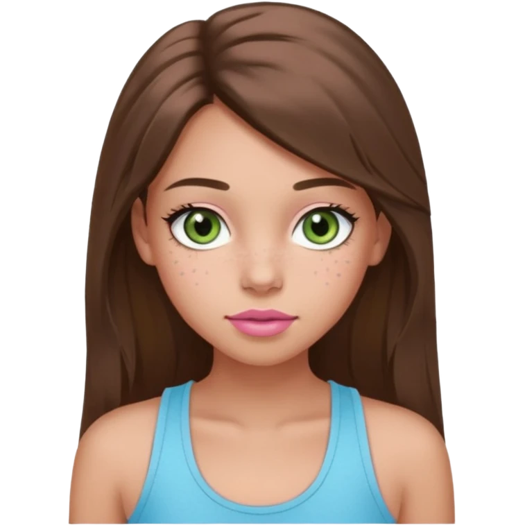 Create a teen girl wearing a light blue tank top. She will have long brunette hair, tan skin, pink lips, and grey-green eyes. She has long eyelashes. She also has light freckles  emoji