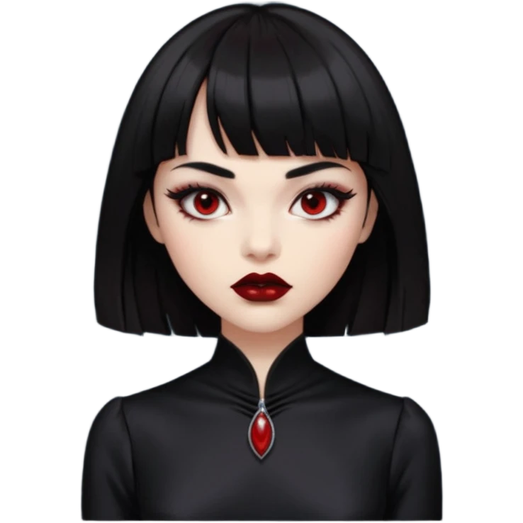 “Emoji girl, porcelain skin, sharp eyeliner, vampy deep red lips, straight jet-black hair with bangs, intense eyes, wearing black silk dress.” emoji