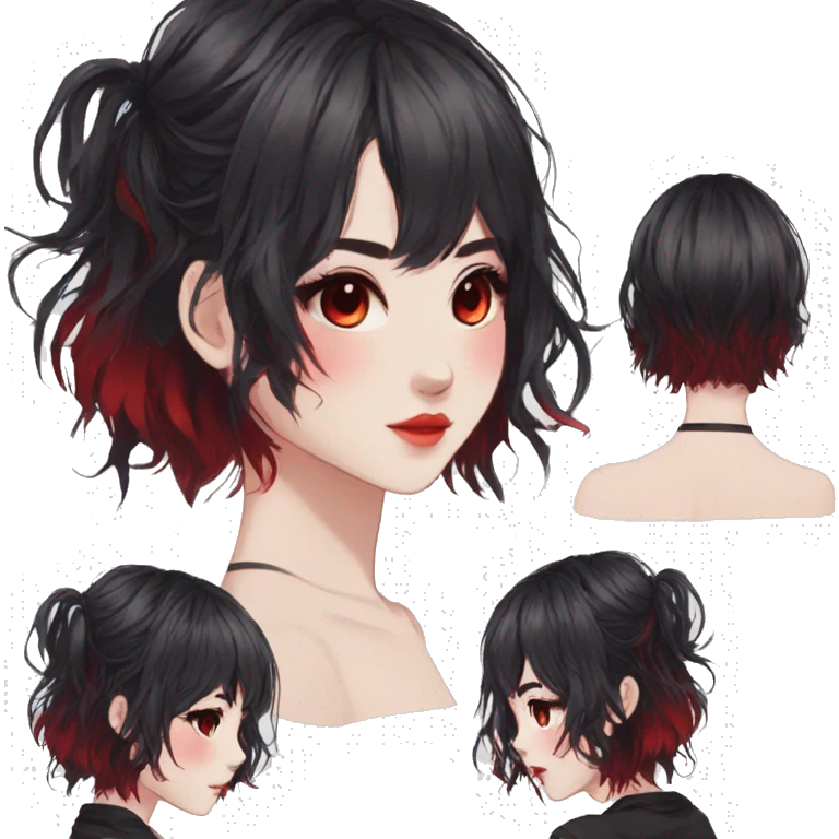 Gorgeous anime style lady with blushing face aesthetic and pretty edgy black red punk hair with hair garment trending style emoji