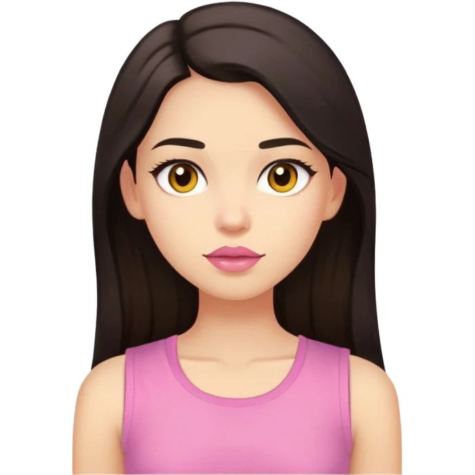 Create image that look like the girl in the photo. The girl has to have long dark hair, dark brown eyes, light skin color, medium sized pink lips, light yellow tight sleeveless shirt emoji