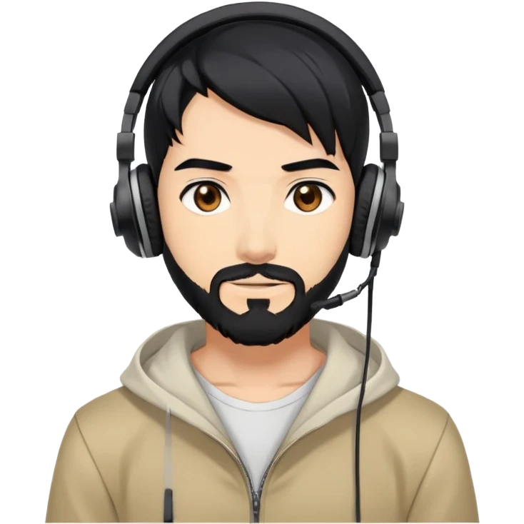 Anime-style man with black hair, brown eyes, black beard wearing gaming headphones, anime character design emoji