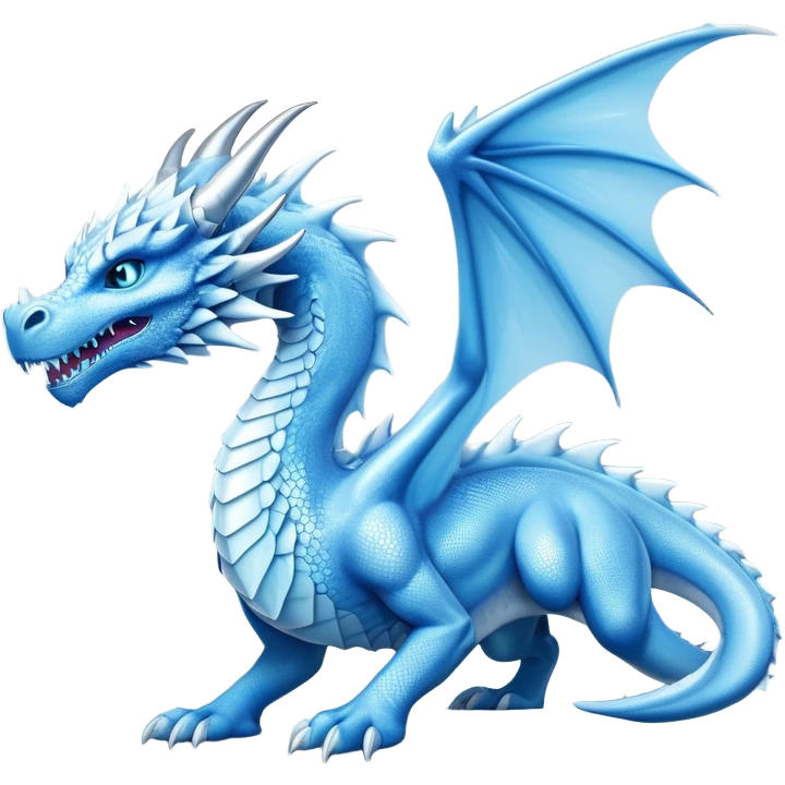 Cinematic Noble wise elegant Ice Dragon full body  Emoji, Poised and imposing, distinct long elegant snout, with a slender, scaled body shimmering in glacial hues of icy blue, frostbitten silver, and crystalline white, breathing out frost, with piercing, glowing ice blue white eyes that radiate the chilling depths of an arctic storm; rendered in detail. excuding wisdom emoji