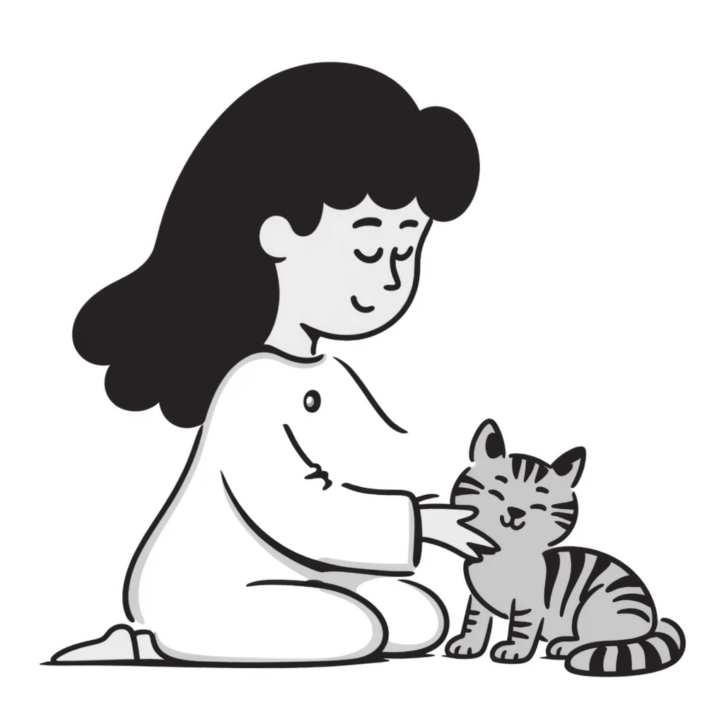 Beautiful girl with long black hair sitting with a gray and blonde mixed cat emoji
