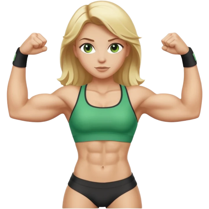 muscular white girl with blonde hair and green eyes, flexing 6 pack abs and one arm bicep, full body pose emoji