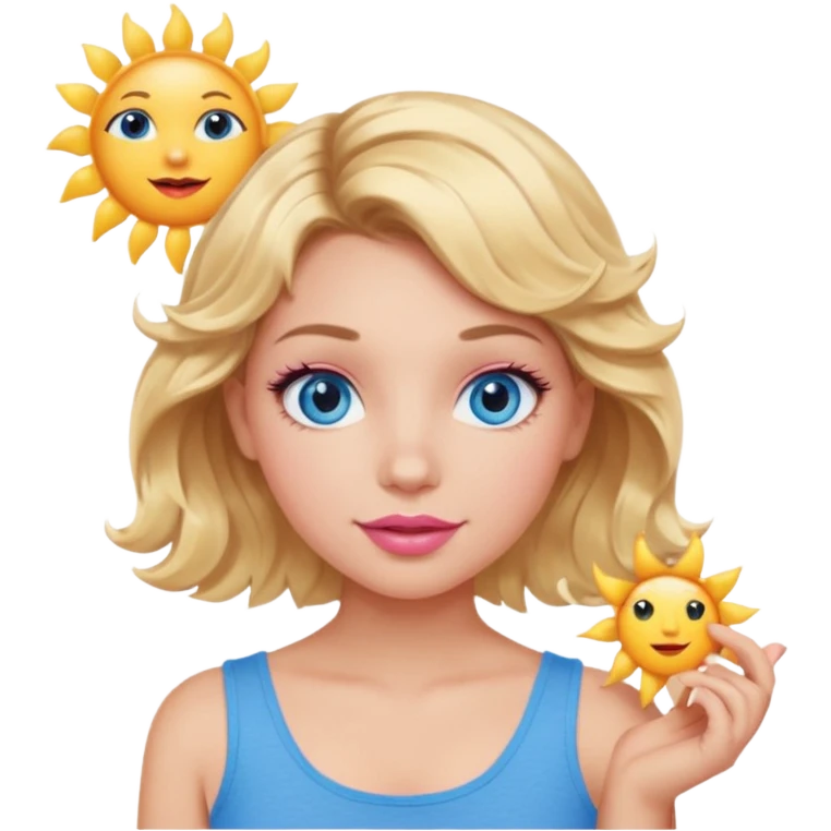 Girl Blonde short wavy hair,  blue eyes, cute blue top, long lashes, pink lips, holding the one sun   emoji