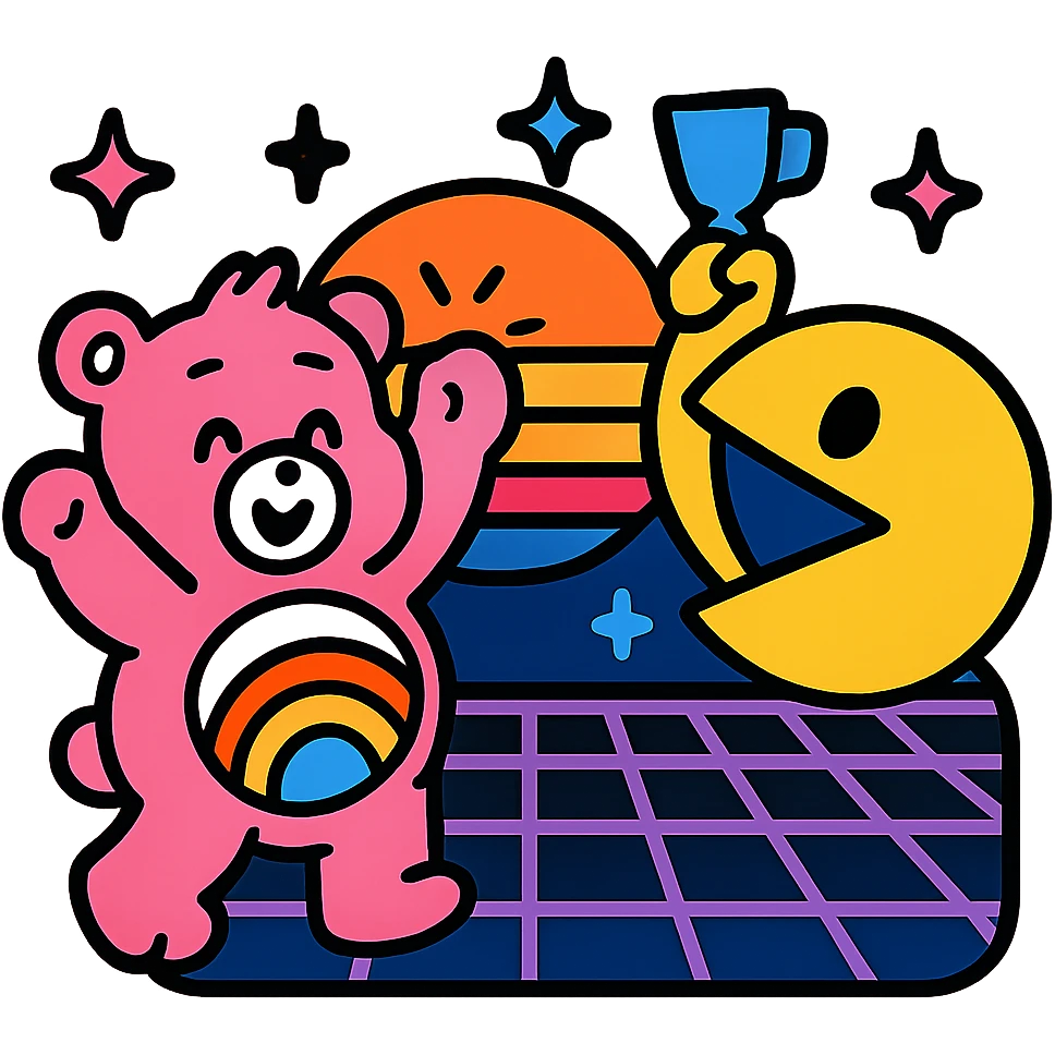 Care Bears and Pacman celebrating victory under a neon sky, 80's sci-fi party emoji