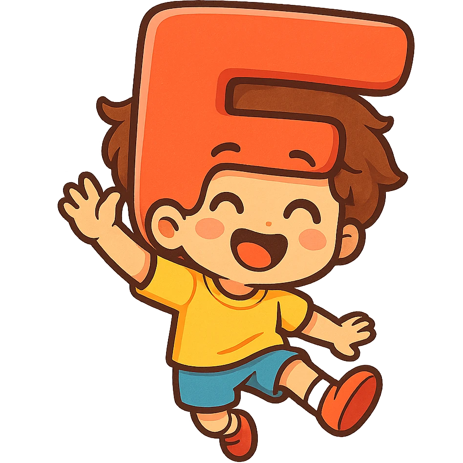 a playful and cartoonish kid with a head shaped like the letter F, colorful, expressive, cute, friendly, whimsical style emoji