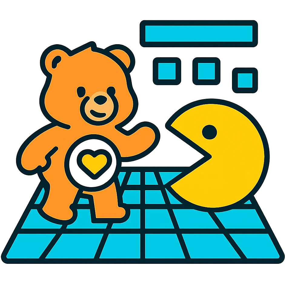 Care Bears and Pacman exploring a digital grid world, Tron-inspired emoji