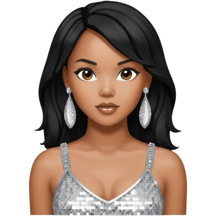 LeToya Luckett with black long hair, silver sequin crop top, silver earring emoji
