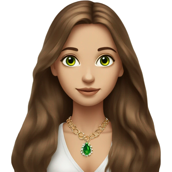 beautiful green eyed girl with beautiful long brown hair, that look like a super model, with jewellery  emoji