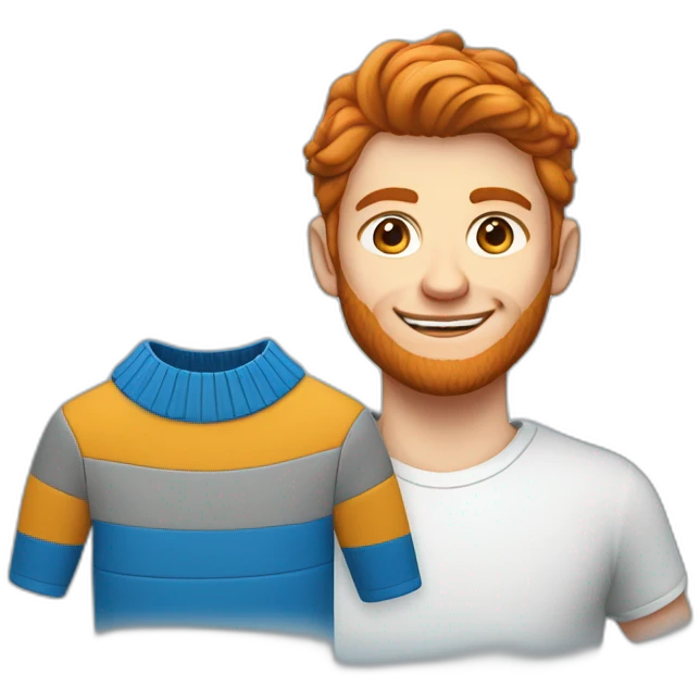 Un jeune homme roux habillée avec un pull bleu et un col blanc emoji