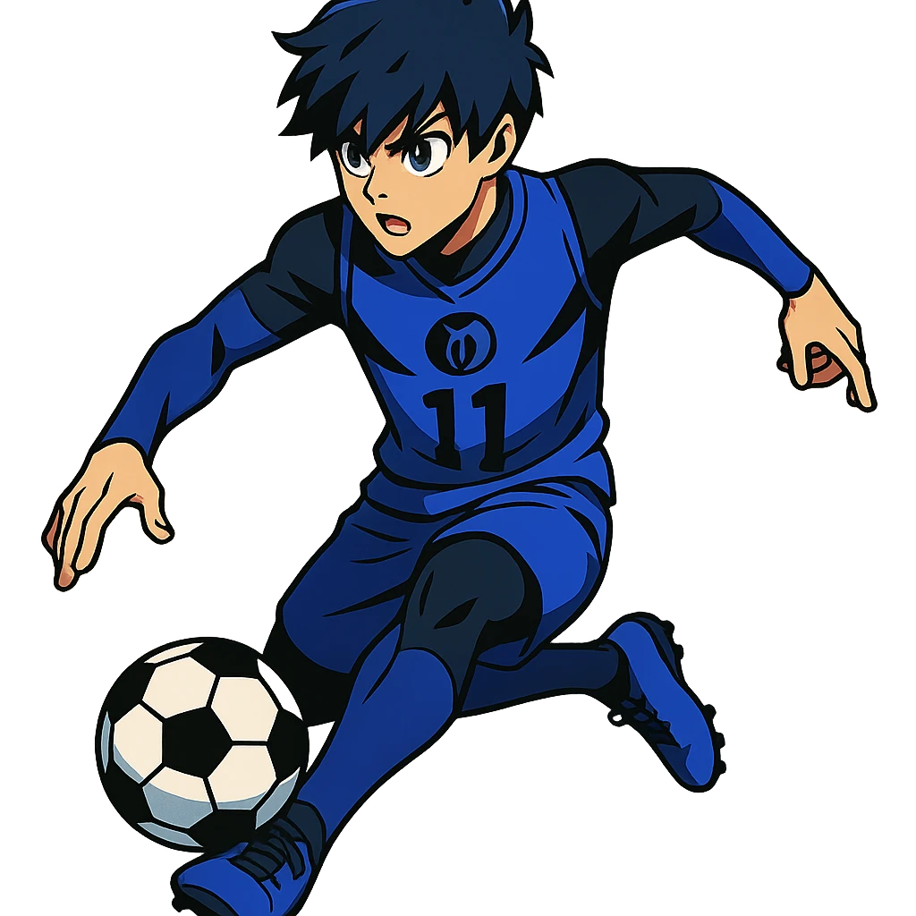 anime soccer player inspired by Blue Lock, dynamic pose, blue and black uniform emoji