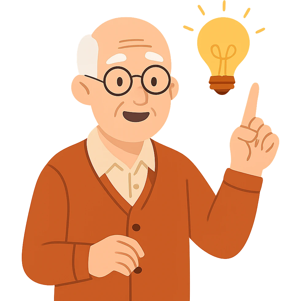 flat design style elderly man pointing his finger up at a light bulb, pretending that he has an idea emoji
