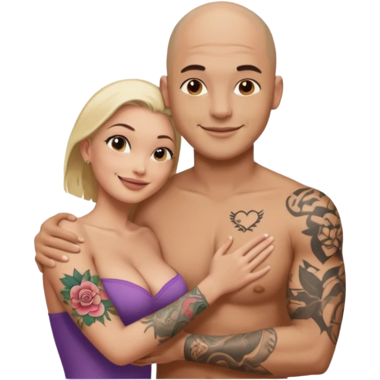 throuple tattooed sleeves bbald male with topless naked big boobed brunette and topless naked big boobed blonde girlfriends  loving  and sexy polygamy naughty  emoji