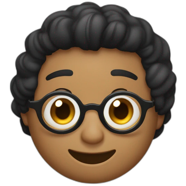 Hombre de pelo negro, ojos negros, piel trigueña, pelo corto peinado hacia la derecha, lentes negros para la vista, sonrisa alineada, luna en la parte i quina de la nariz emoji