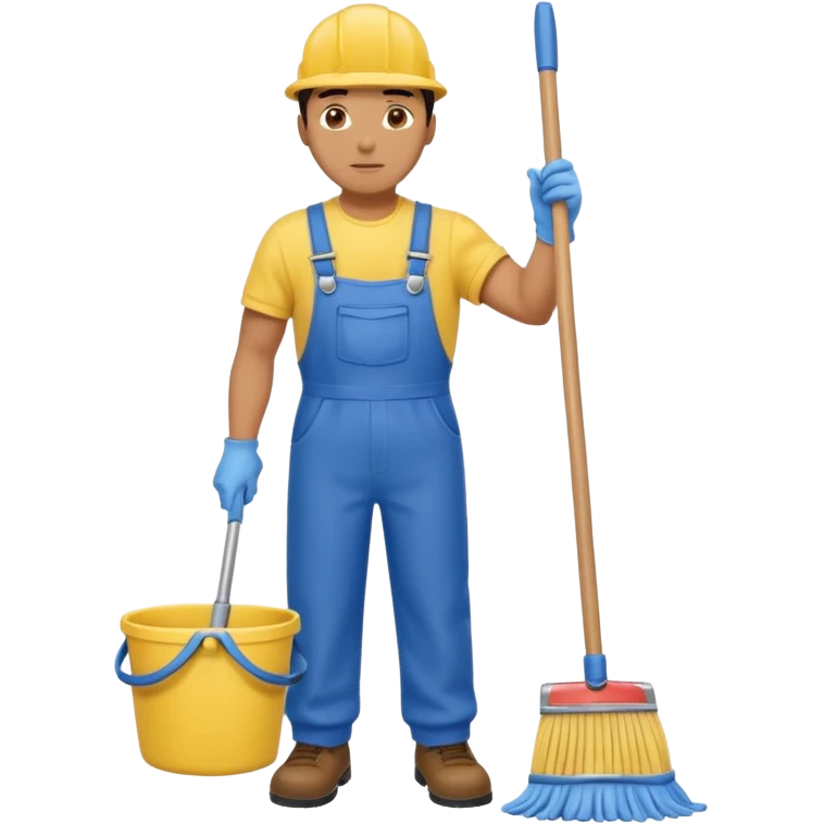 Custodian with yellow rubber gloves, blue overalls mopping floor emoji