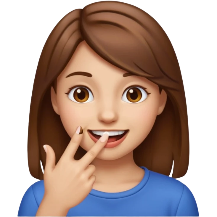 girl emoji, brown hair, smiling, biting tip of finger emoji