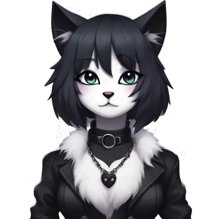 Gorgeous furry gothic dark techwear anime style anthro black cat furry sona with blushing face aesthetic and pretty edgy black with collar and harness trending style emoji