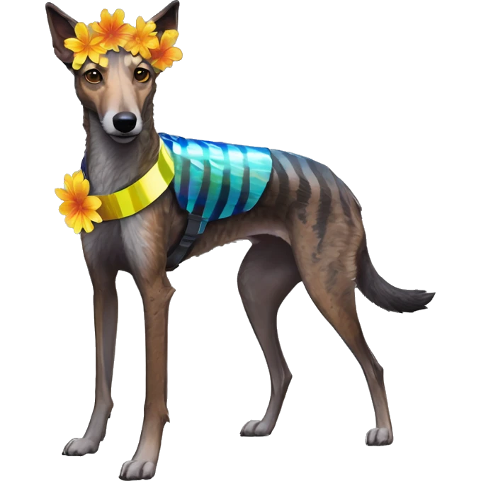  brindle brown black maroon striped lurcher Alsatian fox running blue eyes and iridescent holographic oilslick harness wearing paper iridescent tropical flower crown yellow caution tape emoji