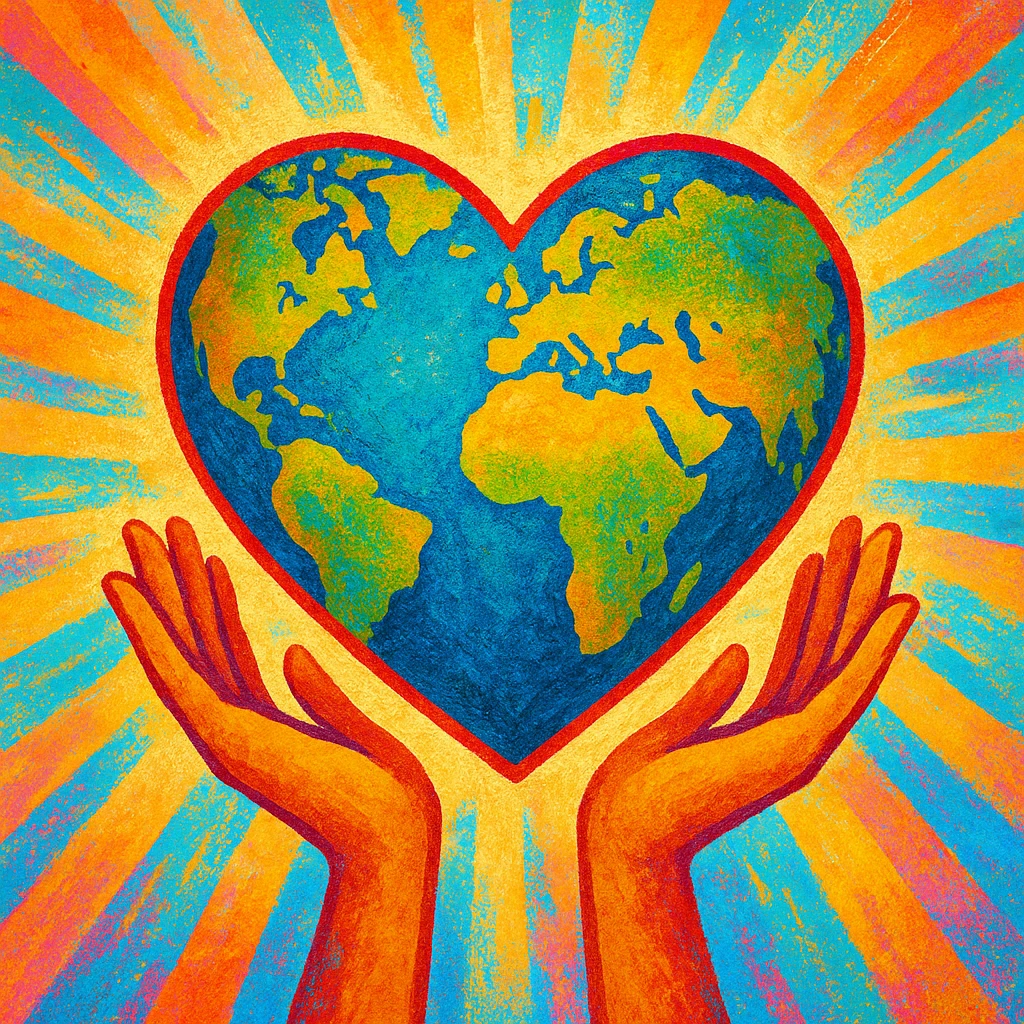 a stylized heart with continents, being held up by hands, optimistic mood, colorful and uplifting emoji