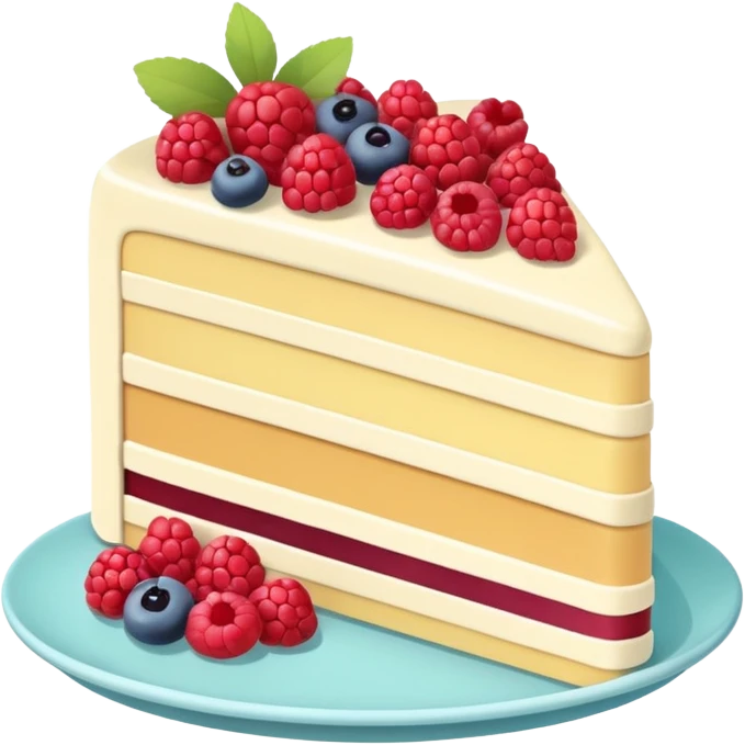Confectionery humanless avatar in bright emoji-style illustration. Cake slice with cream and berries, pastel colors, simple shapes, flat design, sweet and inviting. emoji