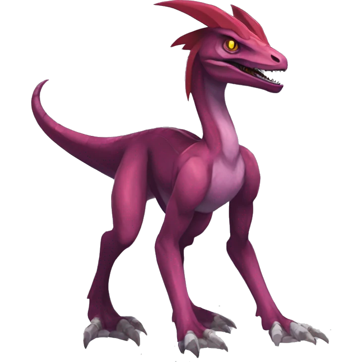 Mauve-maroon-red-violet-colored edgy anthro-genesect-velociraptor-scalie-sona-Fakémon-hybrid with a mane on head and back and horns full body emoji