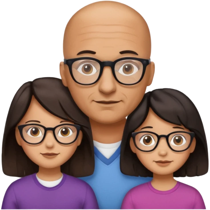 Papà calvo con occhiali, mamma capelli neri occhi marroni no occhiali, figlia capelli marroni mossi e occhiali tartarugati con montatura spessa occhi marroni, figlia capelli lisci marroni occhiali neri con montatura grande e fina occhi marroni  emoji