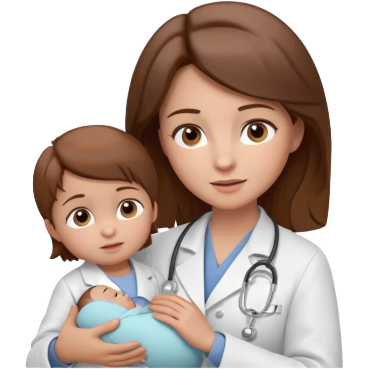 Show a nurse in a white coat, attending to a baby, with a light expression and soft detail typical of modern emojis. The scene should have a clean look, with subtle shadows and soft contours, brown hair, maintaining the 3D cartoon style used in iOS emojis.  emoji