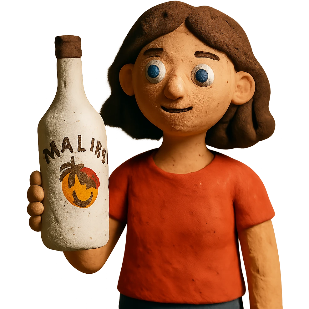 matte plasticine claymation style young woman holding a bottle of Malibu emoji
