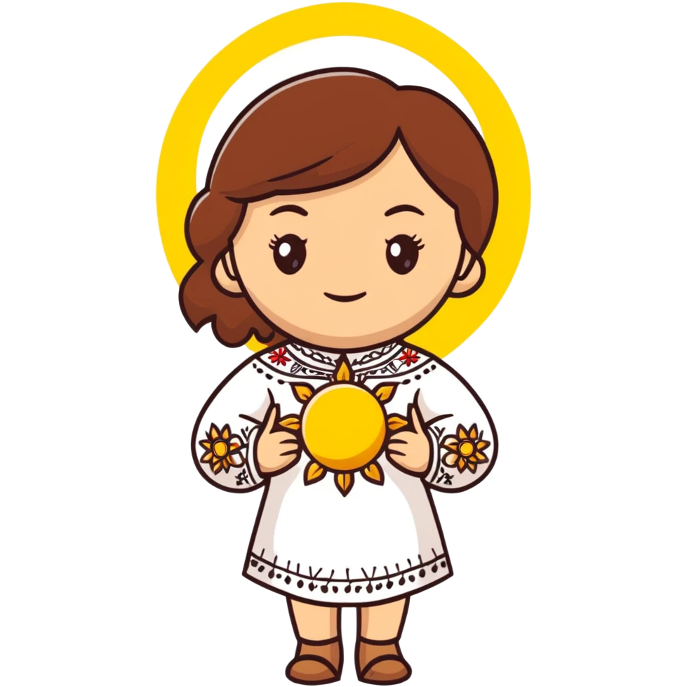 Young Ukrainian girl with brown hair wearing a white traditional embroidered shirt holding the sun in her hand emoji