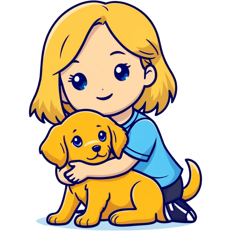 a blonde haired girl with blue eyes and she is holding a golden retriever puppy  emoji