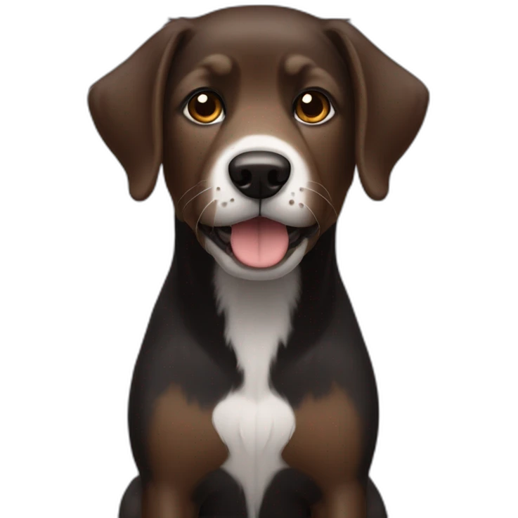 From the front, Sitting Hairy Black dog with white circle and brown eyes emoji