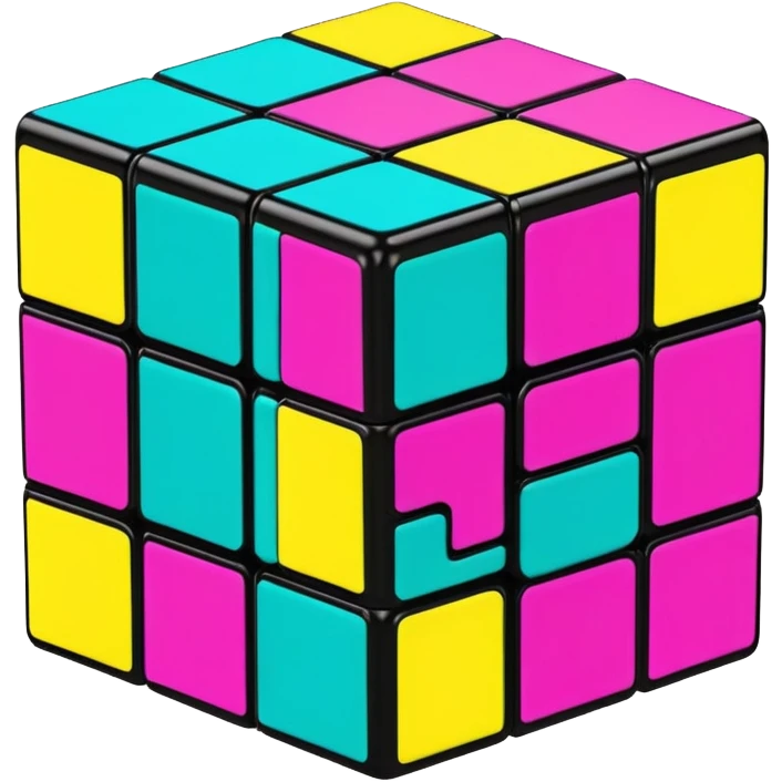 A 3x3 Rubik's Cube with 90s American graffiti-inspired colors, black edges, viewed from an angle, neon yellow, teal, and magenta emoji