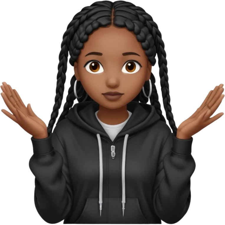 African American dark skin girl with long black box braids wearing a black hoodie with hands together facing out emoji