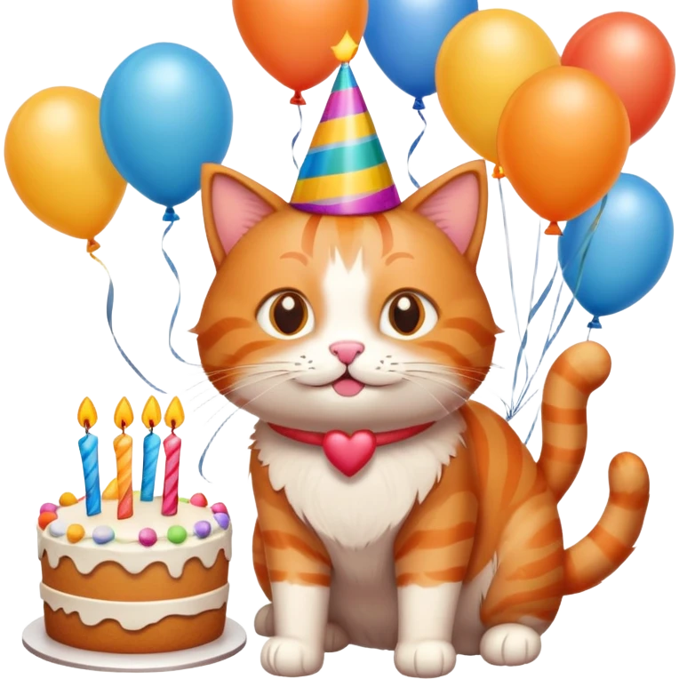 Ginger cat celebrates birthday, birthday hat, birthday cake, balloons, happy emoji