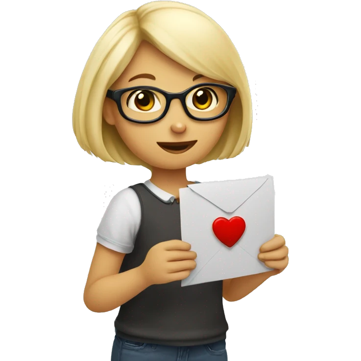 A blond girl with glasses holding a heart enveloppe in her hand and pulling a letter o emoji