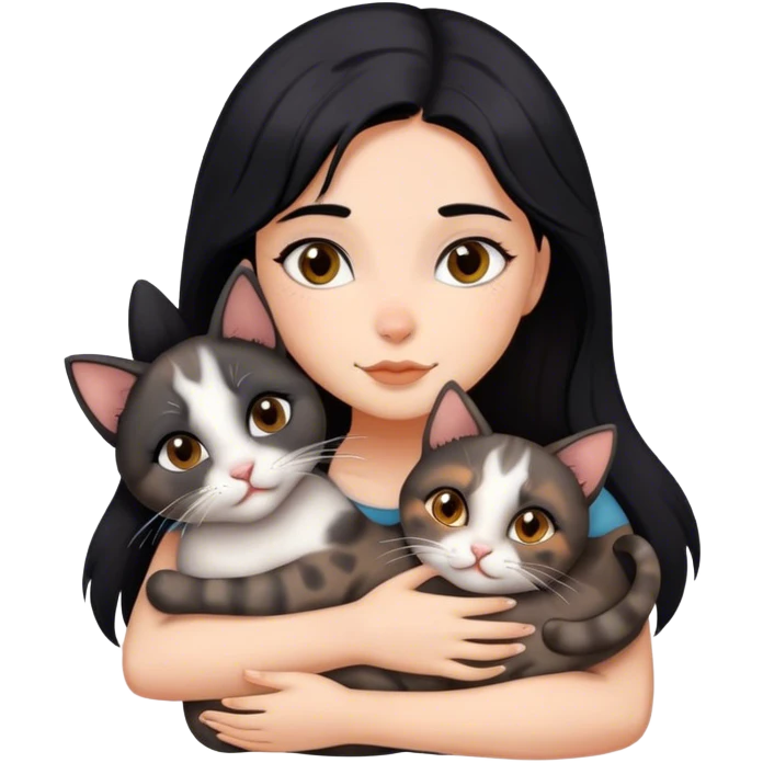 girl with black hair hugging three cats  (torti cat, gray cat, brown calico cat) emoji