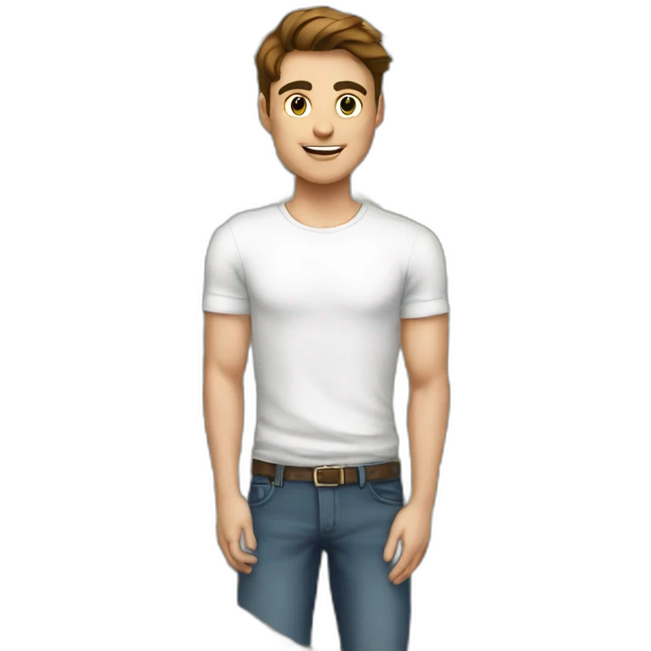 A young fit man with a white shirt with forward Brown hair and beige skin and with money in his hand emoji