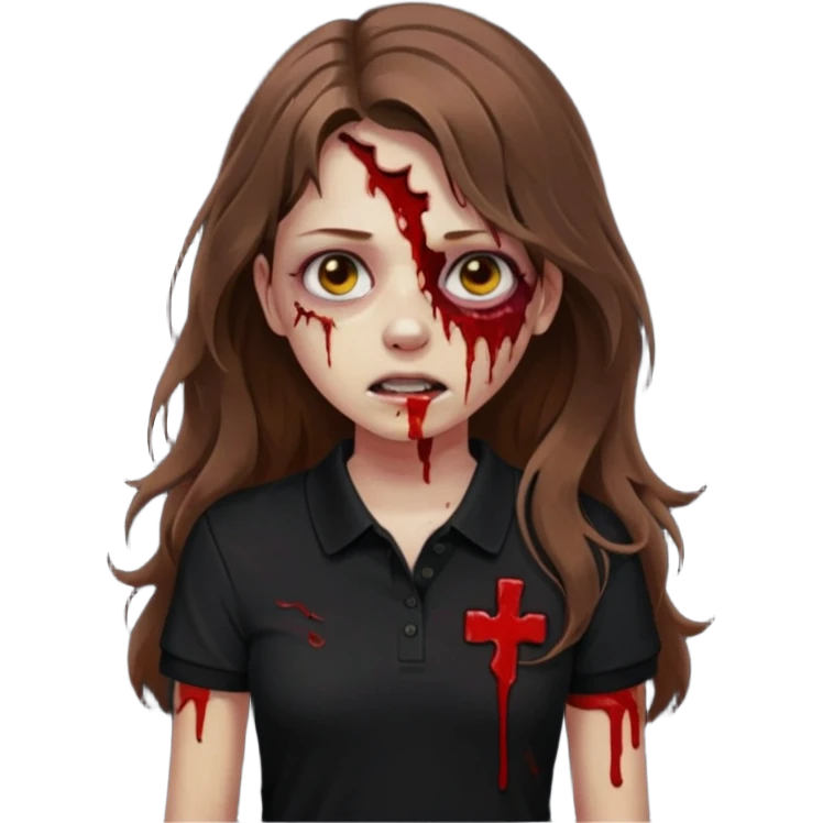 crie uma garota com ferimentos zoombie cabelo ondulado 2c longo castanho e blusa polo básica preta emoji