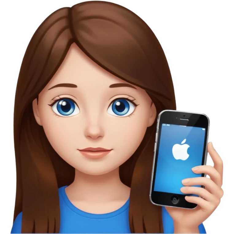 A girl with blue eyes and long brown hair with an iPhone emoji
