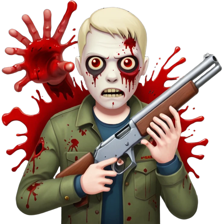 Man in foreground firing shotgun, zombie approaching from front, blood splatter, dark horror, no background












 emoji