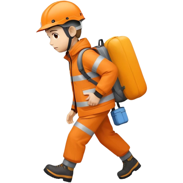 Orange jacket and helmet moving while carrying stuff on his back struggling emoji