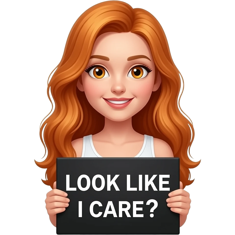 sexy girl with long ginger hair and ginger eyes wearing a white tanktop is holding a black sign with LOOK LIKE I CARE? written on it emoji
